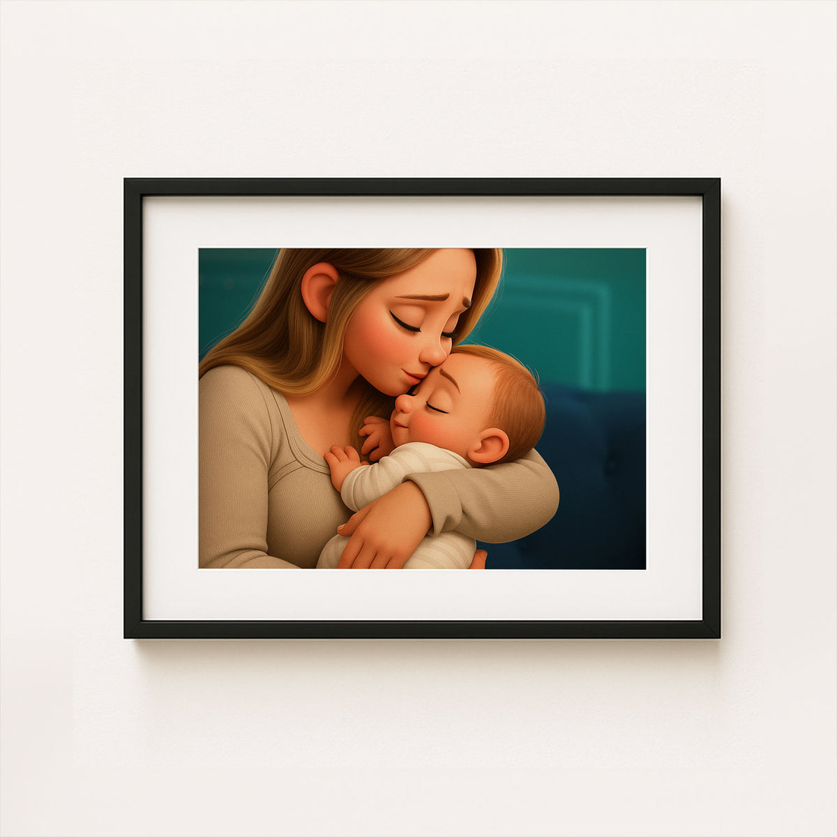 Heartwarming Cartoon Art Print of a Loving Mother Kissing Her Baby – Perfect Nursery Decor for a Cozy Home
 - 3