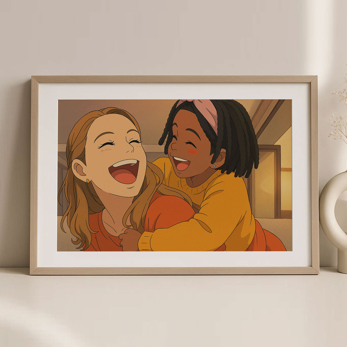Heartwarming Mother-Daughter Bond: Cozy Cartoon Art Print for Family Love Decor
 - 2