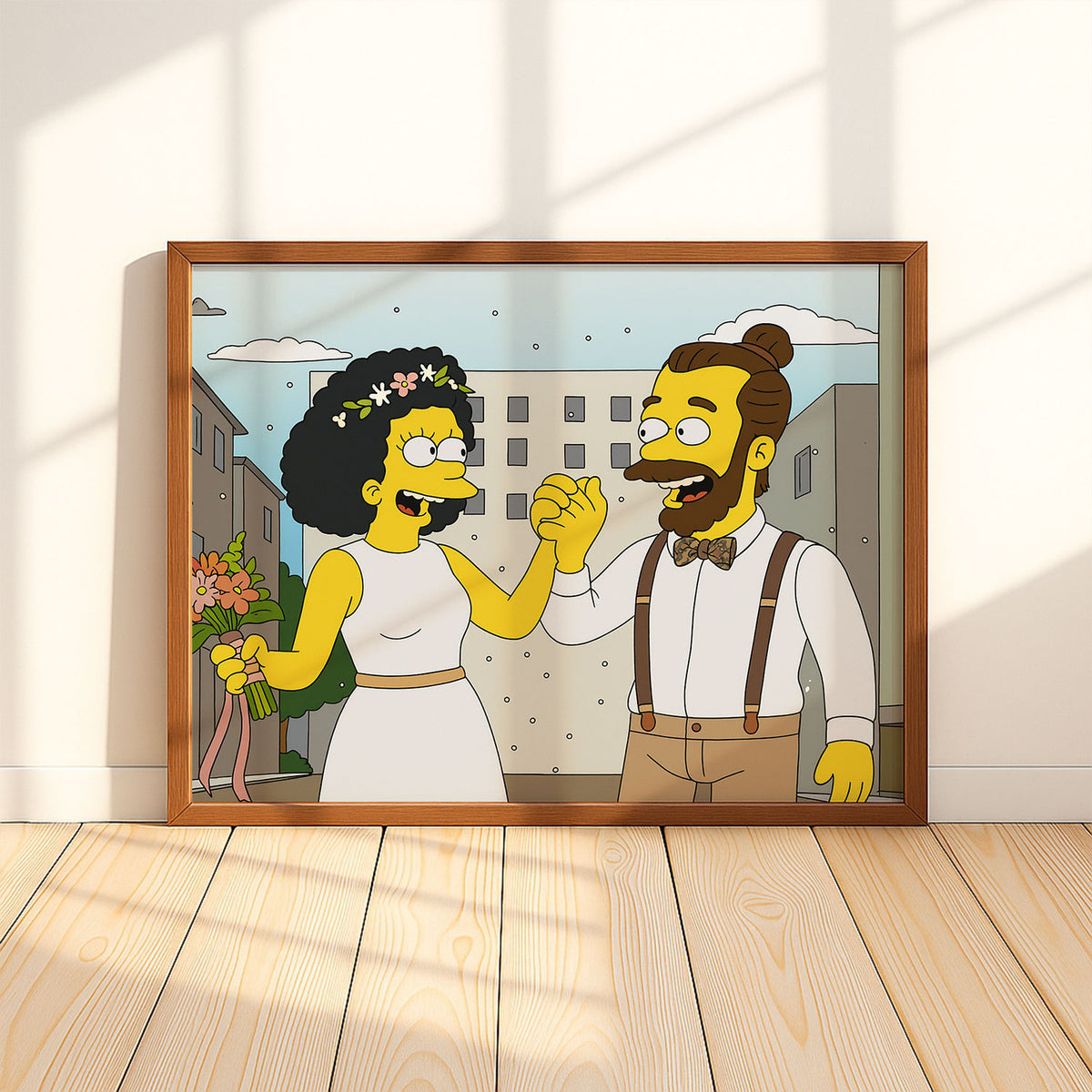 Charming Cartoon Wedding Art: Couples in Love with Dandelions - Whimsical Simpsons Style Framed Print
 - 3
