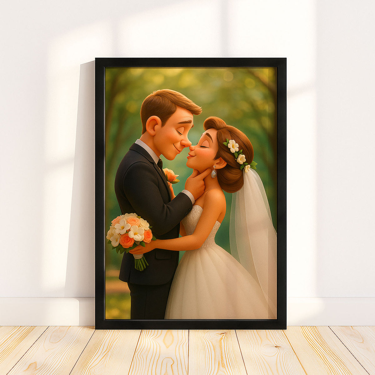 Charming Animated Wedding Art: Romantic Kissing Couple in Cartoon Style for Your Home Decor
 - 3
