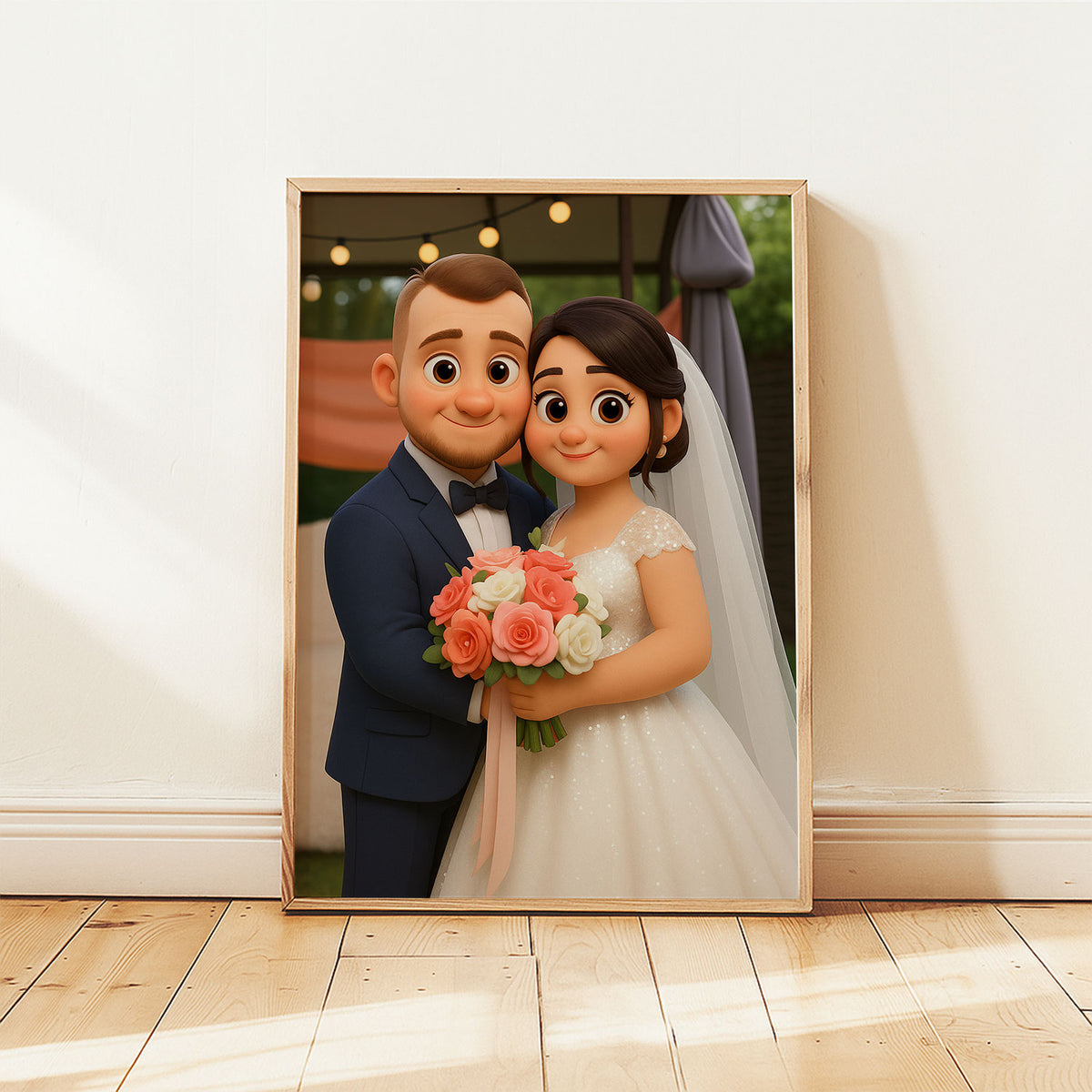 Charming Cartoon Wedding Artwork: Celebrating Love with a Cute Bride and Groom Illustration in a Whimsical Style
 - 3