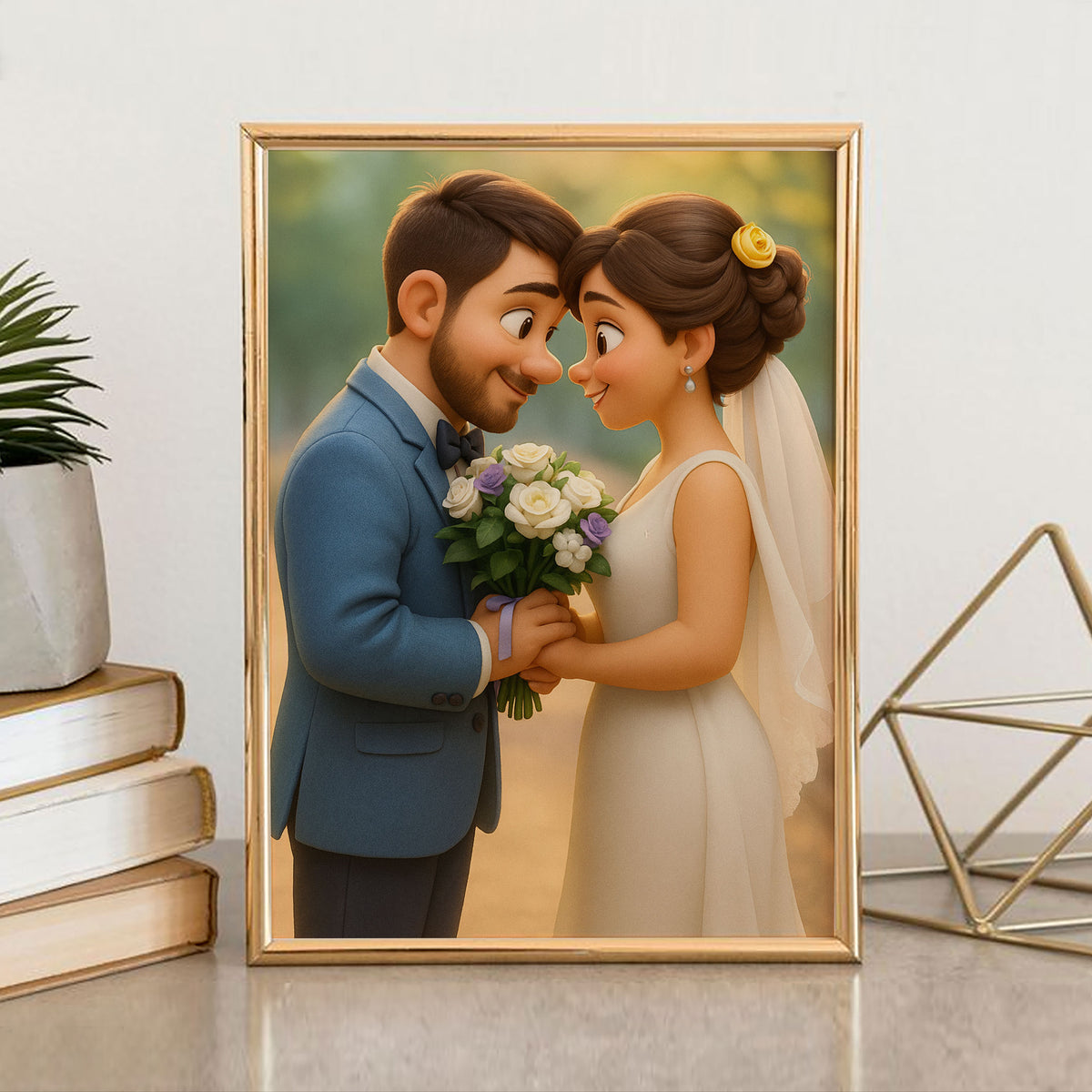 Charming Animated Wedding Portrait of a Couple in Love | Perfect for Home Decor and Gifts
 - 3