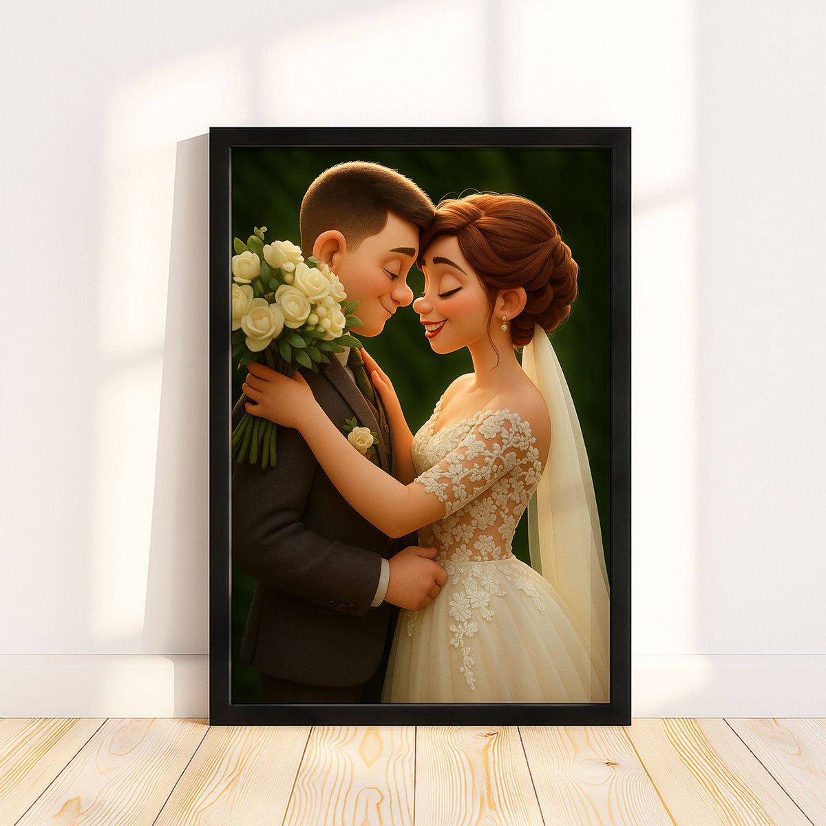Charming Cartoon Wedding Portrait of a Bride and Groom – Perfect Gift for Newlyweds in Whimsical Art Style
 - 3