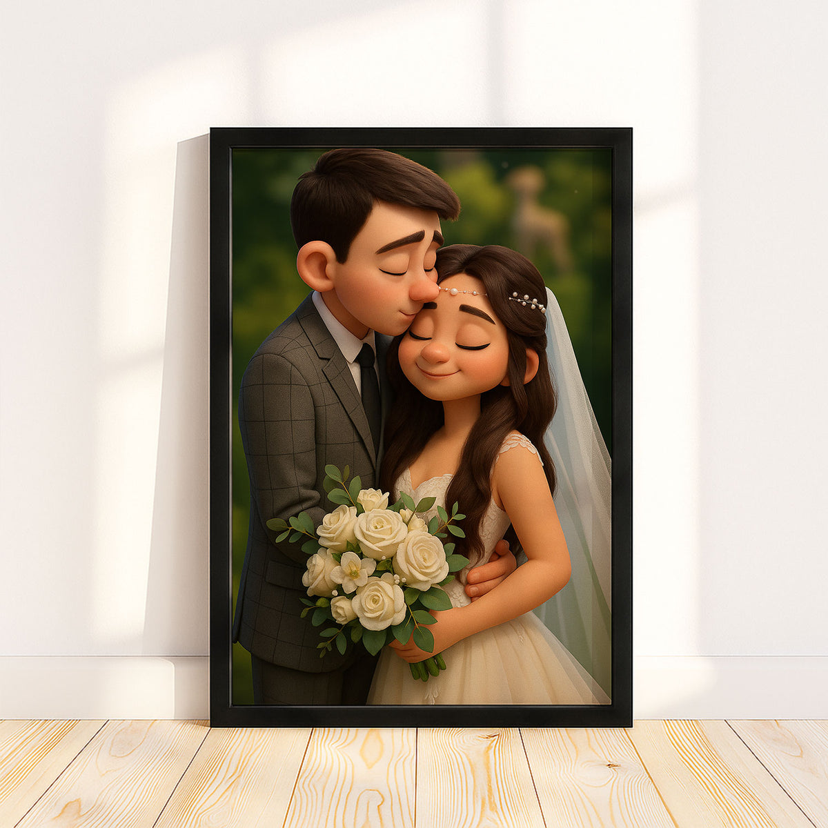 Charming Cartoon Couple Portrait: Joyful Wedding Art for Home Décor
 - 2
