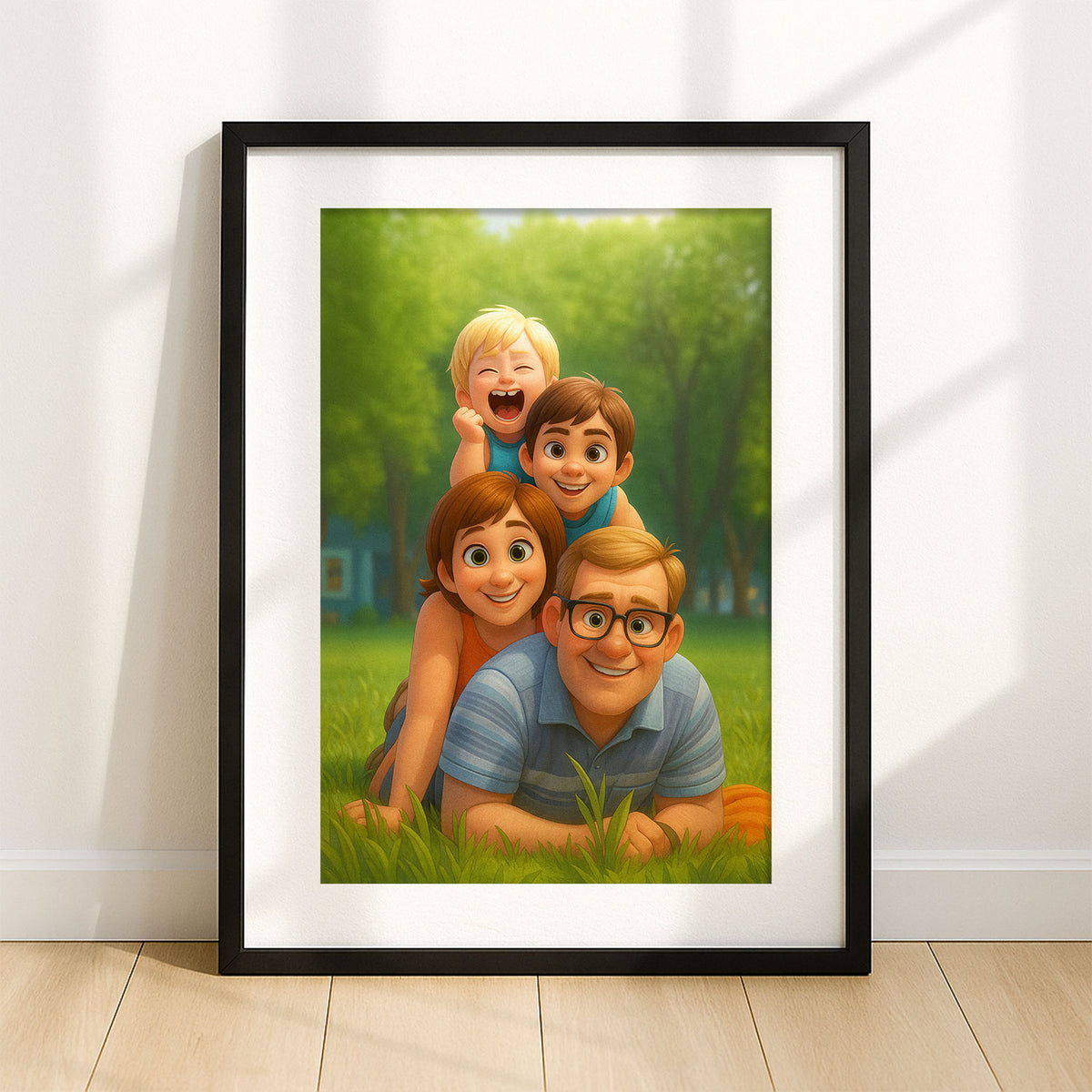 Heartwarming Cartoon Art of Father and Baby in a Sunny Field – Perfect for Family Décor
 - 3