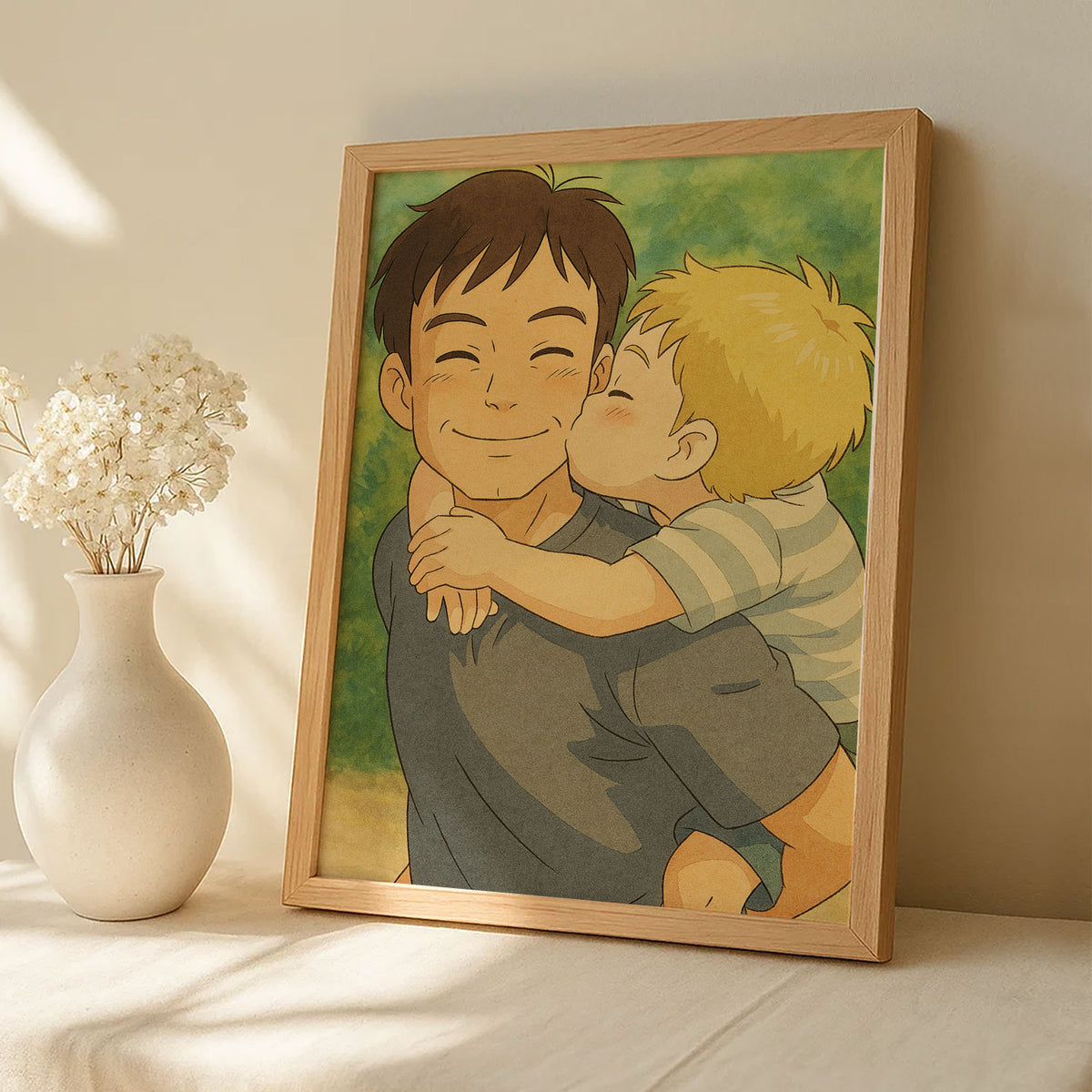 Charming Cartoon Style Artwork of Father and Son Enjoying Nature - Perfect for Family and Kids&#39; Room Decor
 - 3
