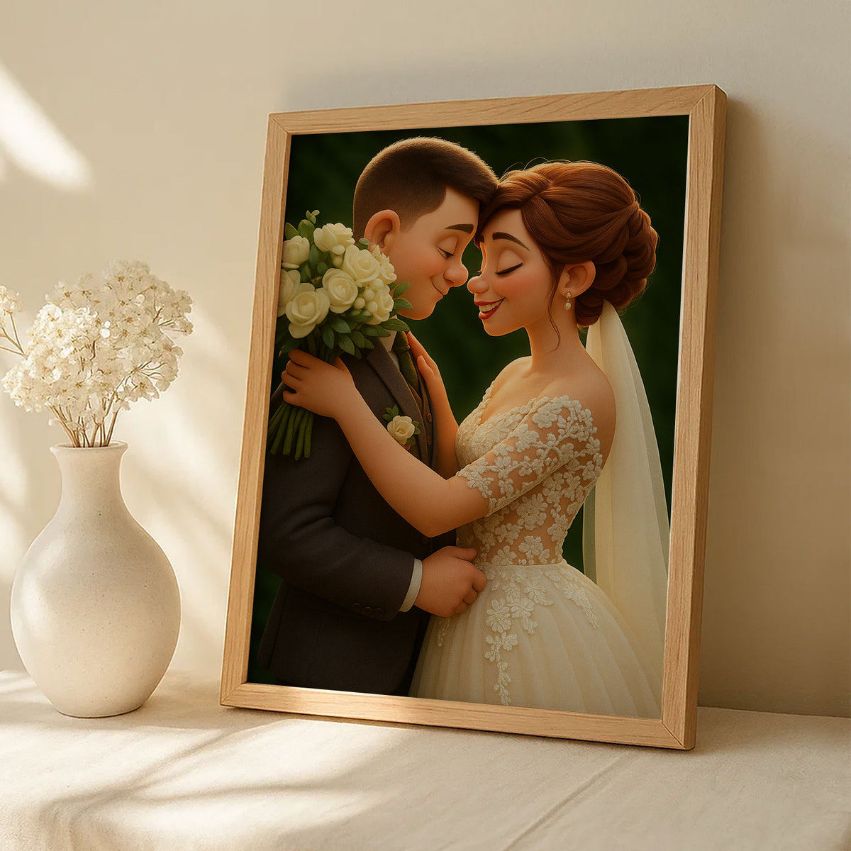 Charming Cartoon Wedding Portrait: Celebrate Love with Whimsical Art Style for Your Home Decor
 - 3