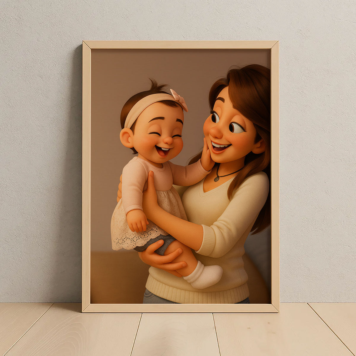 Heartwarming Cartoon Style Artwork of Mother Holding Sleeping Baby – Perfect Wall Decor for Nursery and Family Spaces
 - 3
