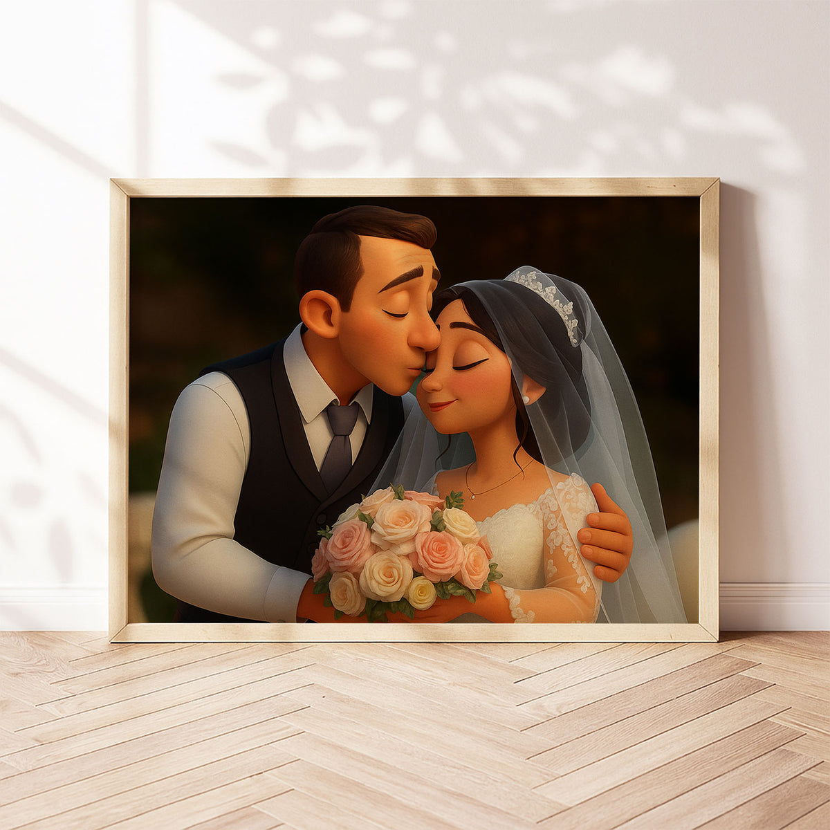 Whimsical Wedding Portrait: Charming Animated Style Art of Happy Couple on Their Special Day
 - 3