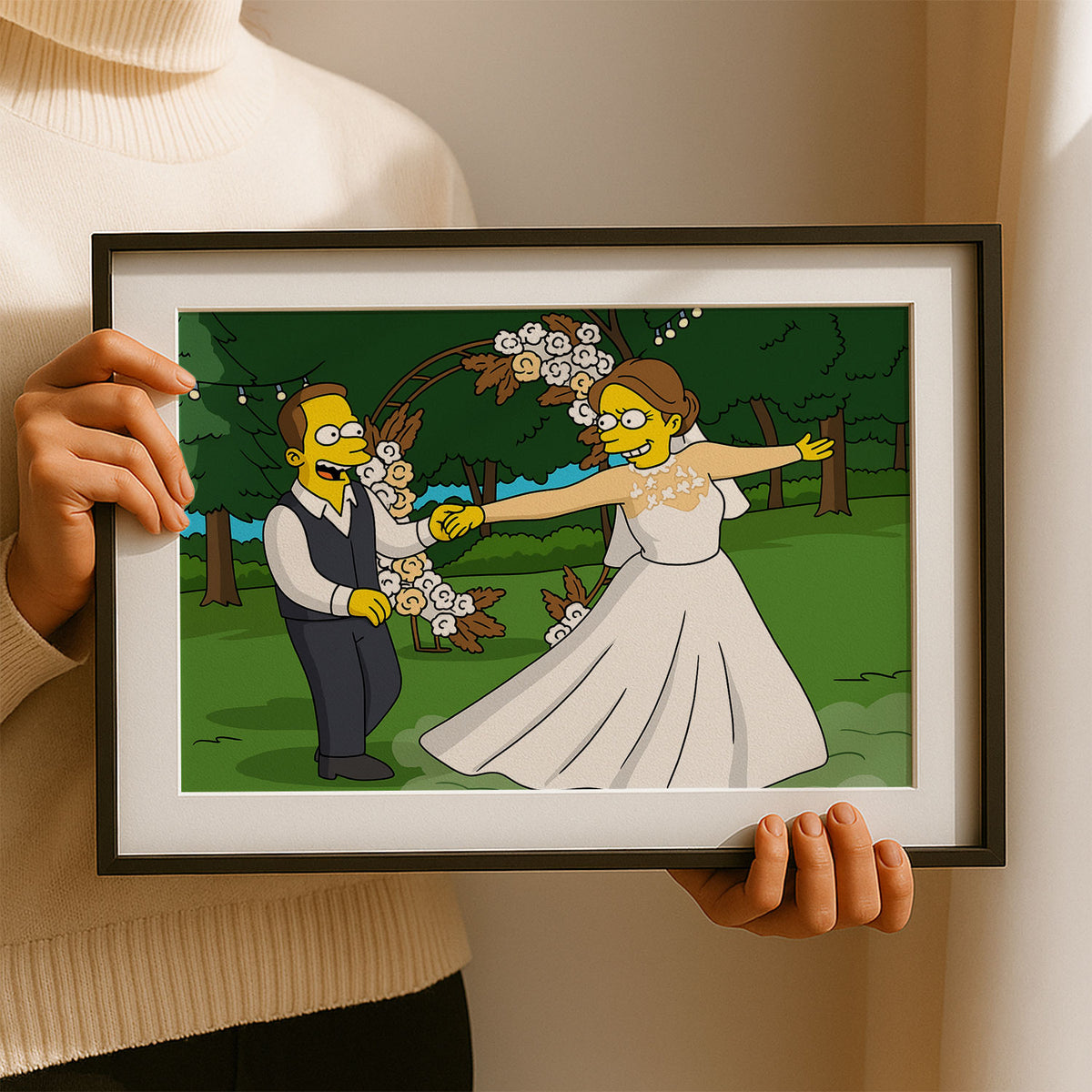 Whimsical Simpsons-Inspired Wedding Art Print – Vibrant Cartoon Couple in Romantic Setting
 - 3