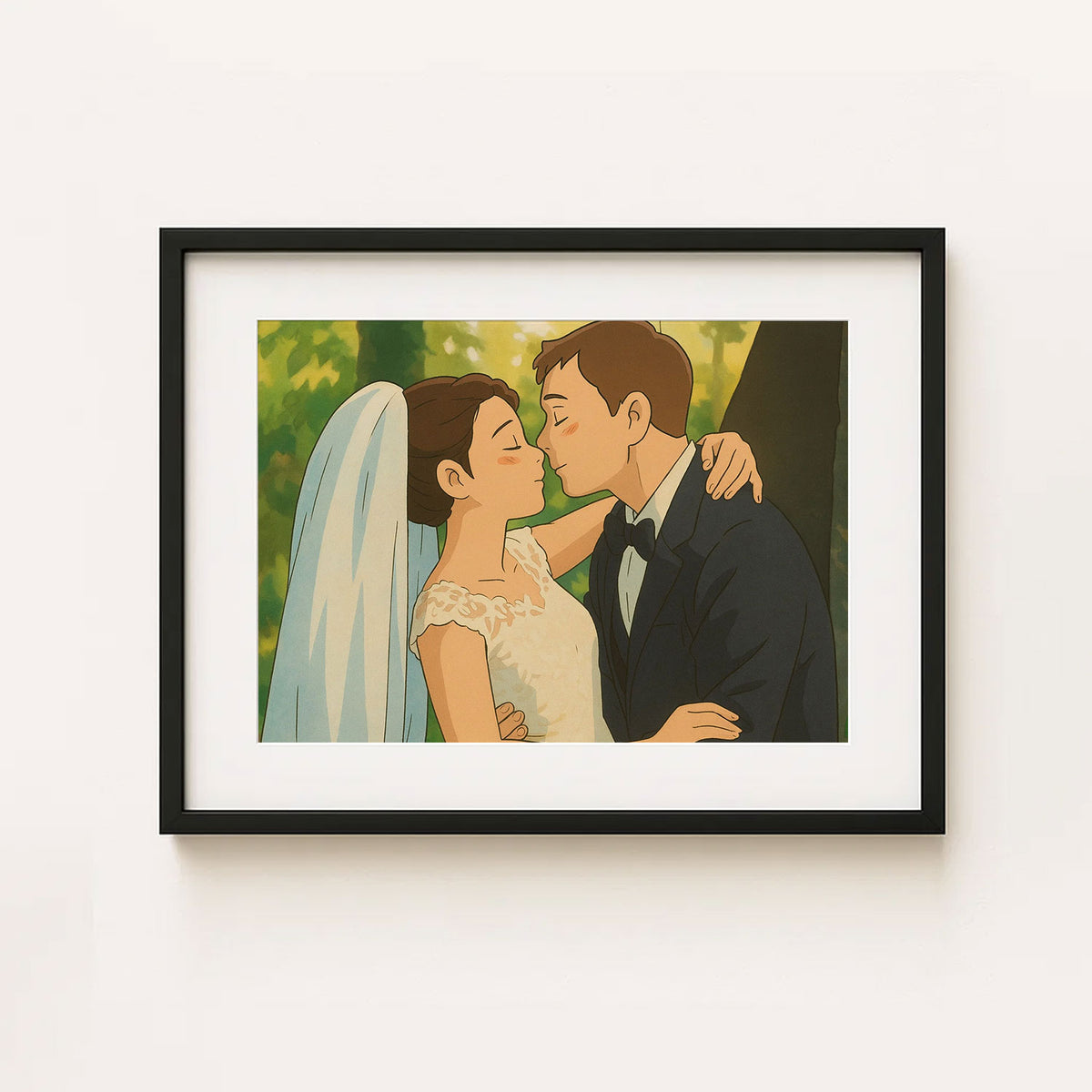 Romantic Cartoon Wedding Kiss Art Print - Elegant Couple Illustration for Home Décor
 - 3