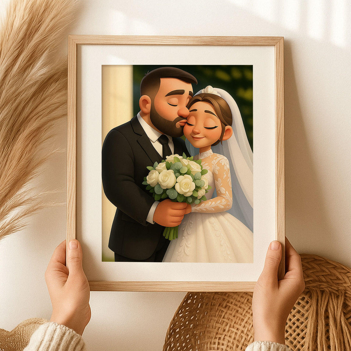 Charming Cartoon Wedding Portrait of a Loving Couple – Perfect for Home Decor and Gifts
 - 3