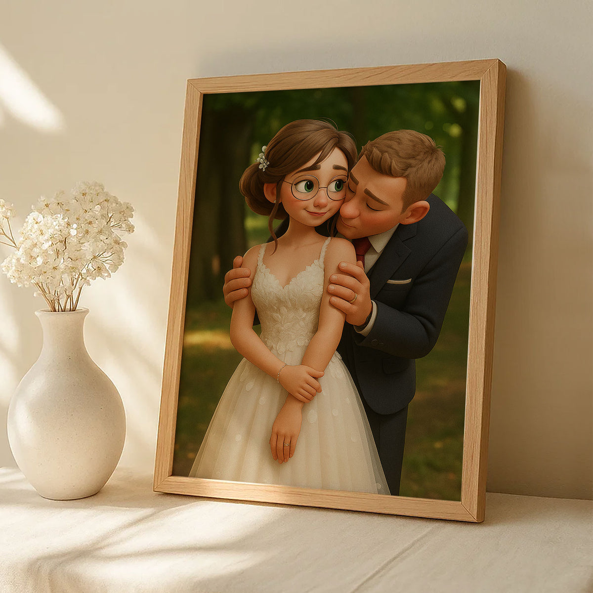 Charming Animated Wedding Portrait: Bride and Groom Embrace in Whimsical Art Style
 - 3