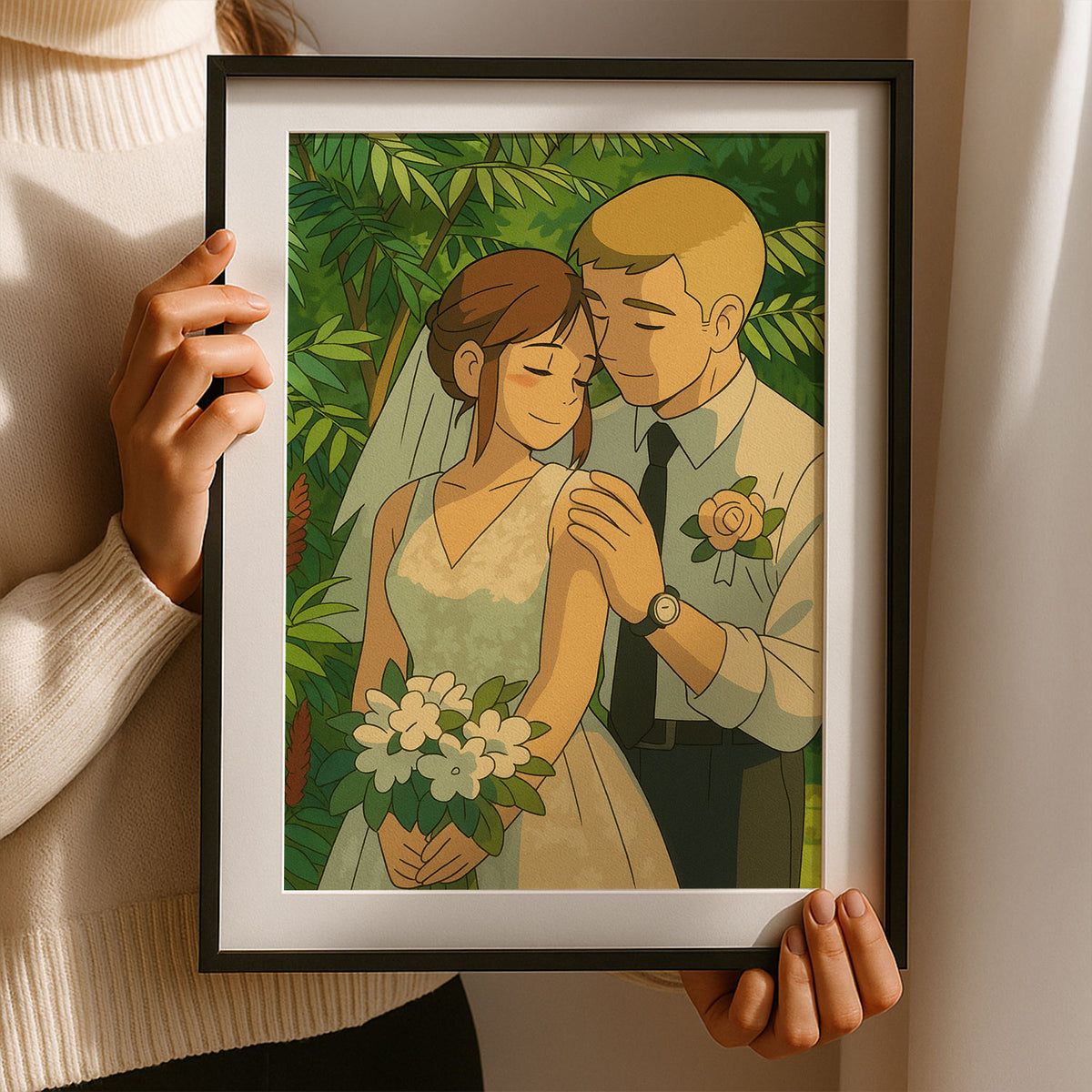 Charming Anime Wedding Portrait – Romantic Couple in Nature, Perfect for Home Decor
 - 3