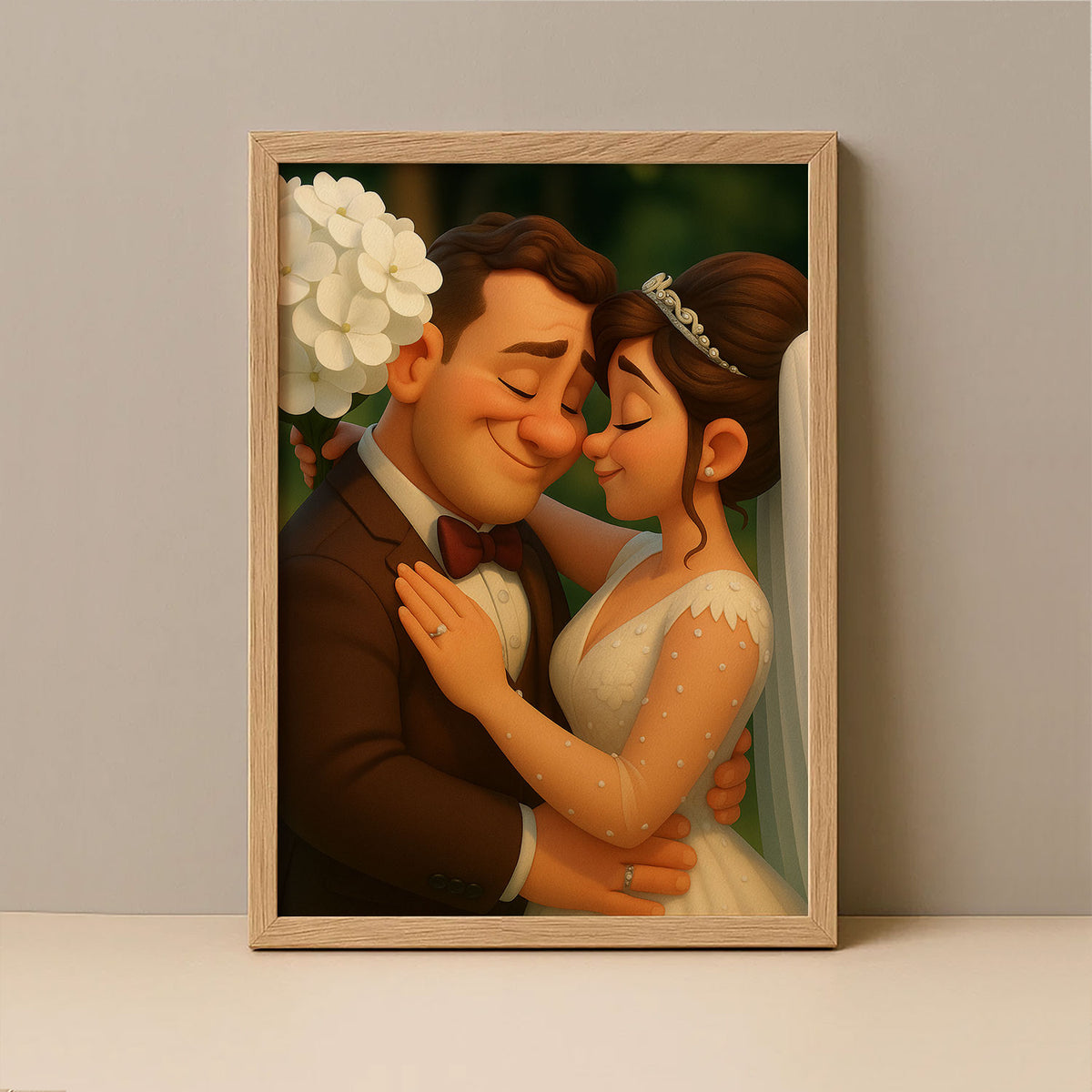 Whimsical Cartoon Wedding Portrait – Celebrate Love with a Charming Illustration of a Bride and Groom in a Joyful Embrace
 - 3
