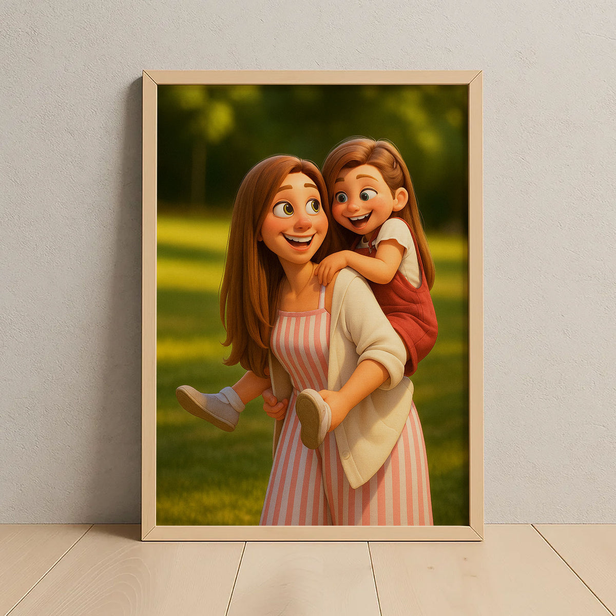 Charming Mother-Daughter Cartoon Art Print: Whimsical Illustration for Family Decor
 - 3