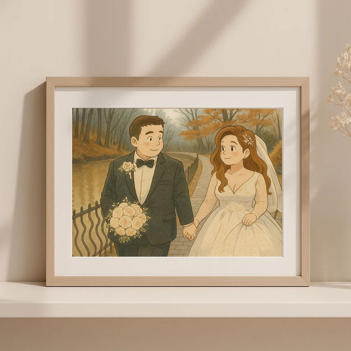 Charming Animated Wedding Couple Artwork - Whimsical Romance in Vibrant Garden Setting
 - 3