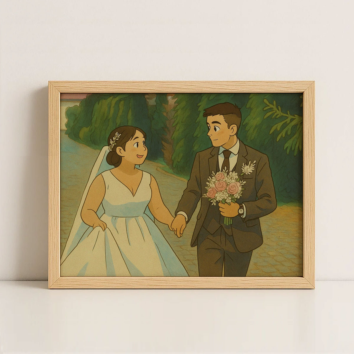 Charming Cartoon Wedding Art Print: Joyful Couple in Love Walking Together
 - 3