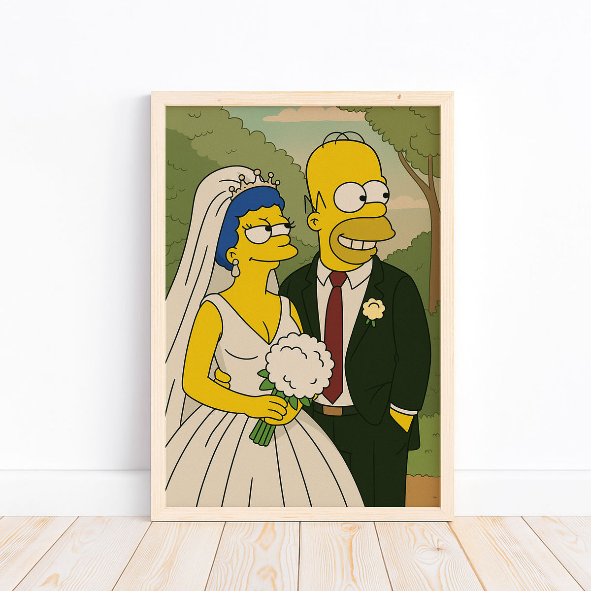 Unique Cartoon Wedding Portrait of Marge and Homer Simpson in Vibrant Art Style - Perfect for Fans and Home Decor
 - 3