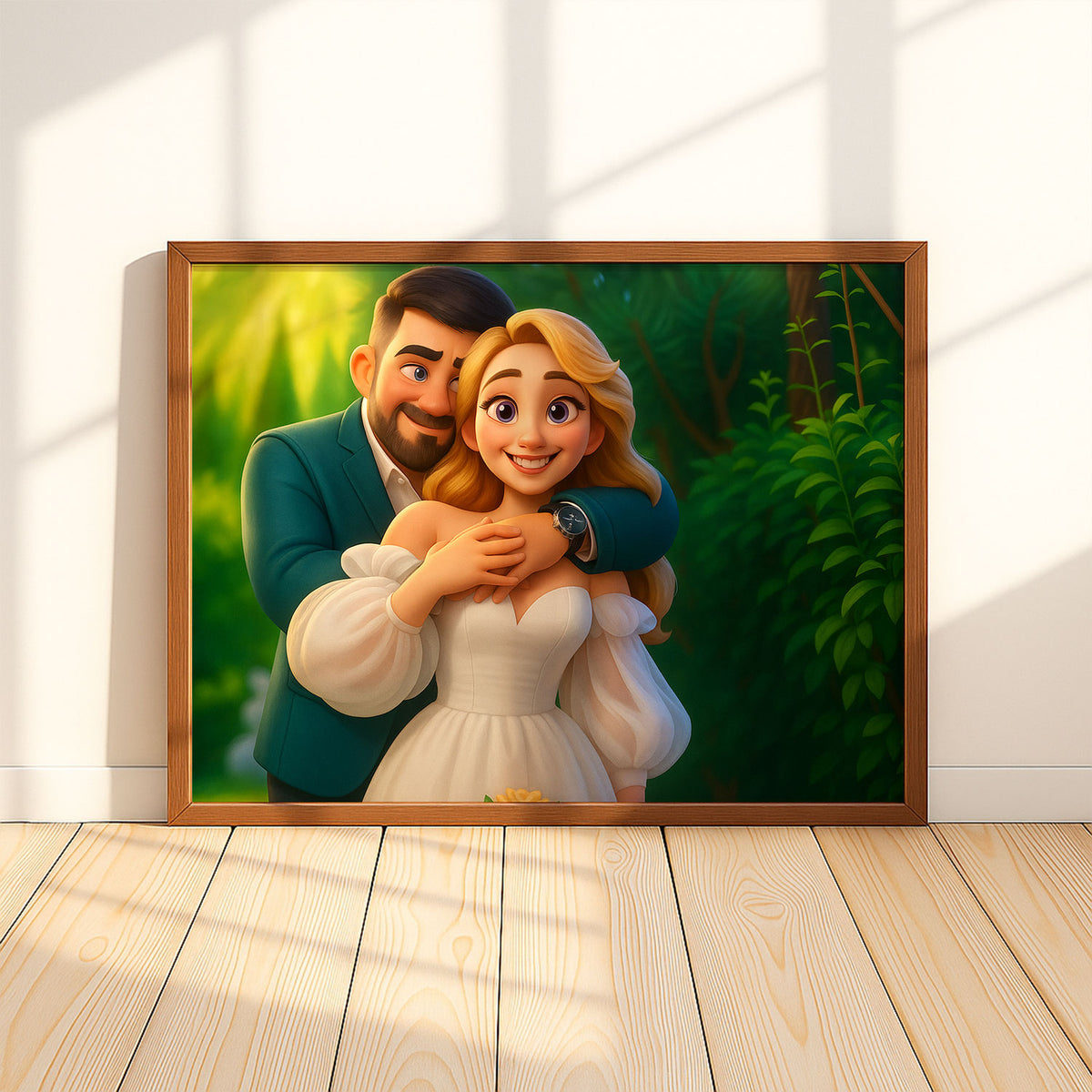 Charming Cartoon Wedding Art Print: Beautiful Bride and Groom in Vibrant Animation Style for Your Home Décor
 - 3