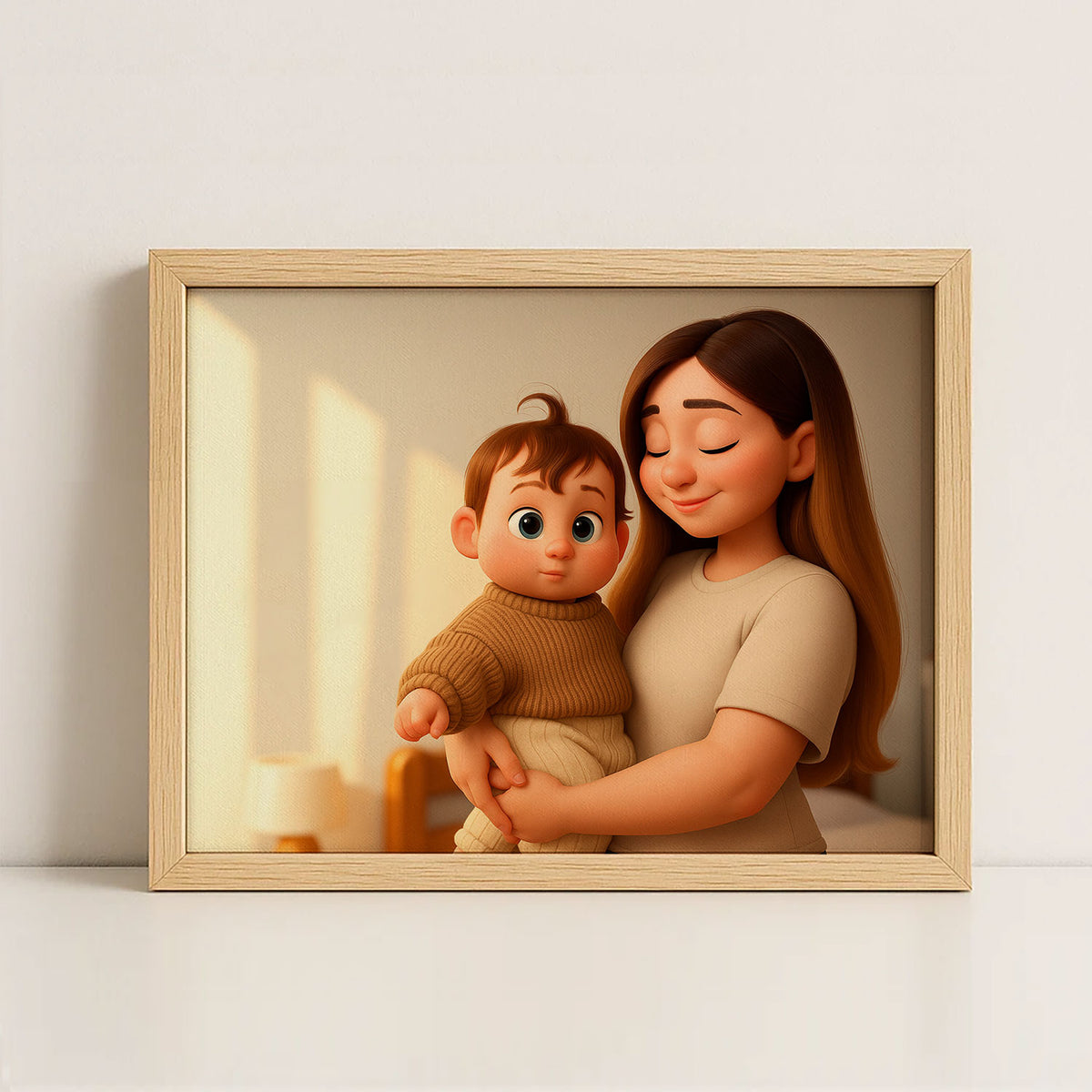 Charming Cartoon Art Print of a Loving Mother and Baby - Heartwarming Home Decor for Family Spaces
 - 3