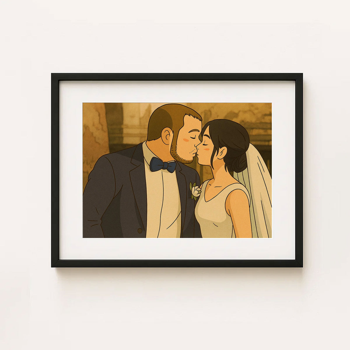 Romantic Wedding Kiss Art Print: Whimsical Couple Embrace in Soft Pastels - Perfect for Home Decor
 - 3