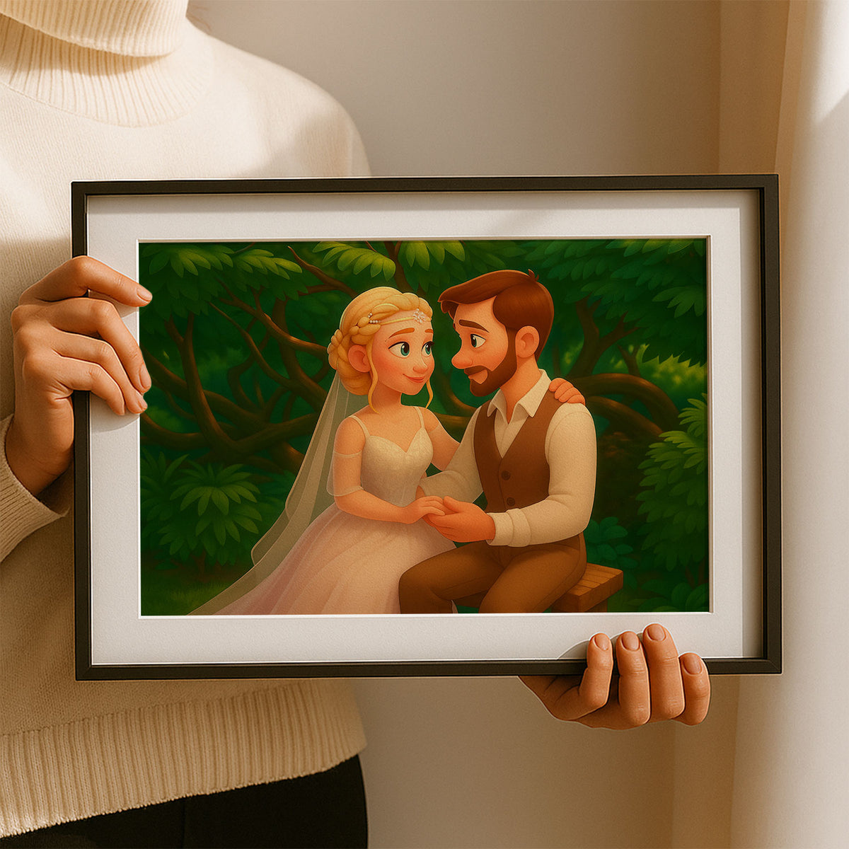 Charming Cartoon Couple Embracing in Lush Greenery – Whimsical Art for Your Home Decor
 - 3