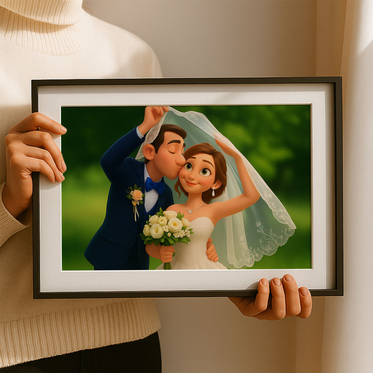 Charming Cartoon Wedding Art Print of a Happy Couple Embracing Love and Joy
 - 4