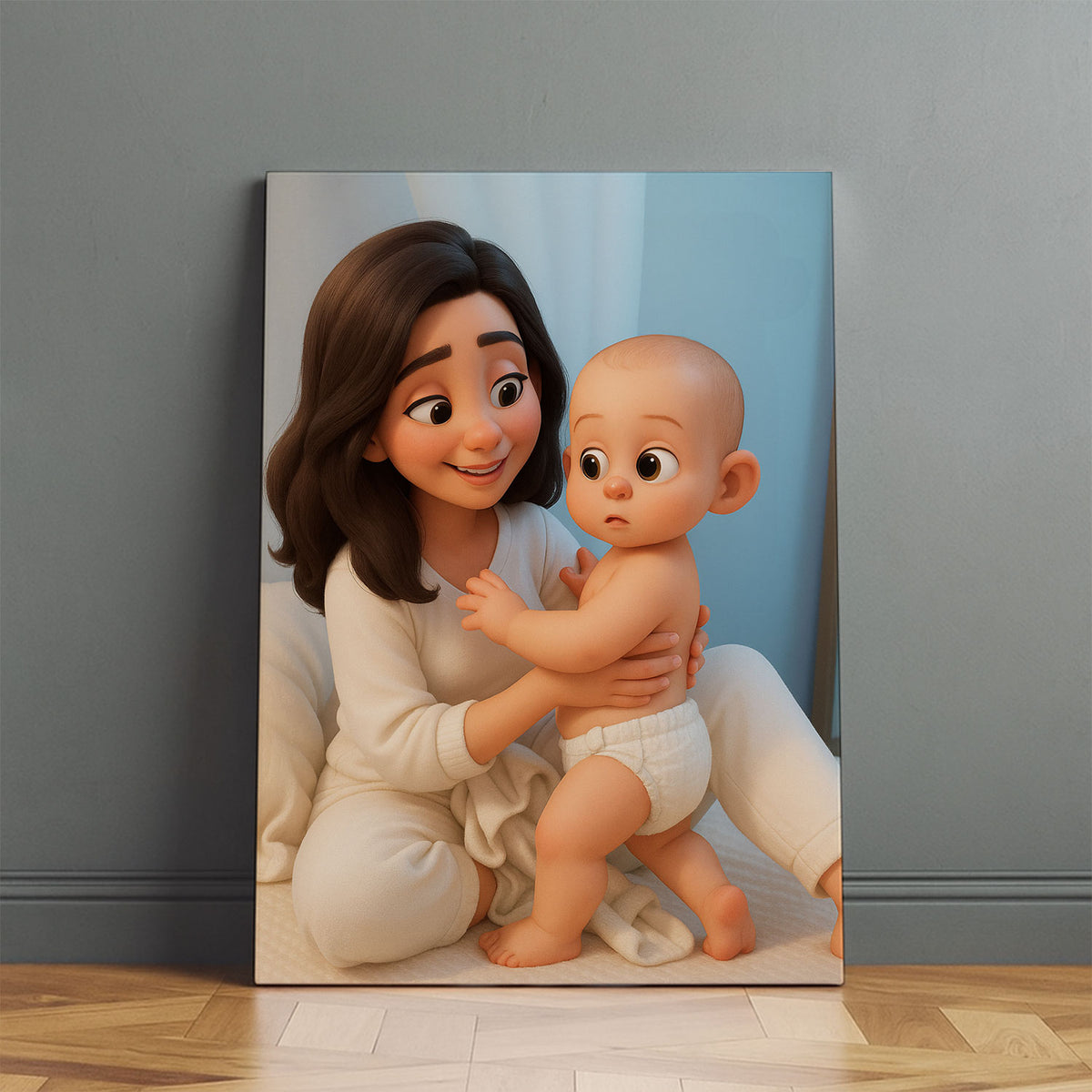 Heartwarming Cartoon Art Print of a Mother Joyfully Interacting with Her Baby in a Cozy Home Setting - Perfect for Nurseries and Family Spaces
 - 4