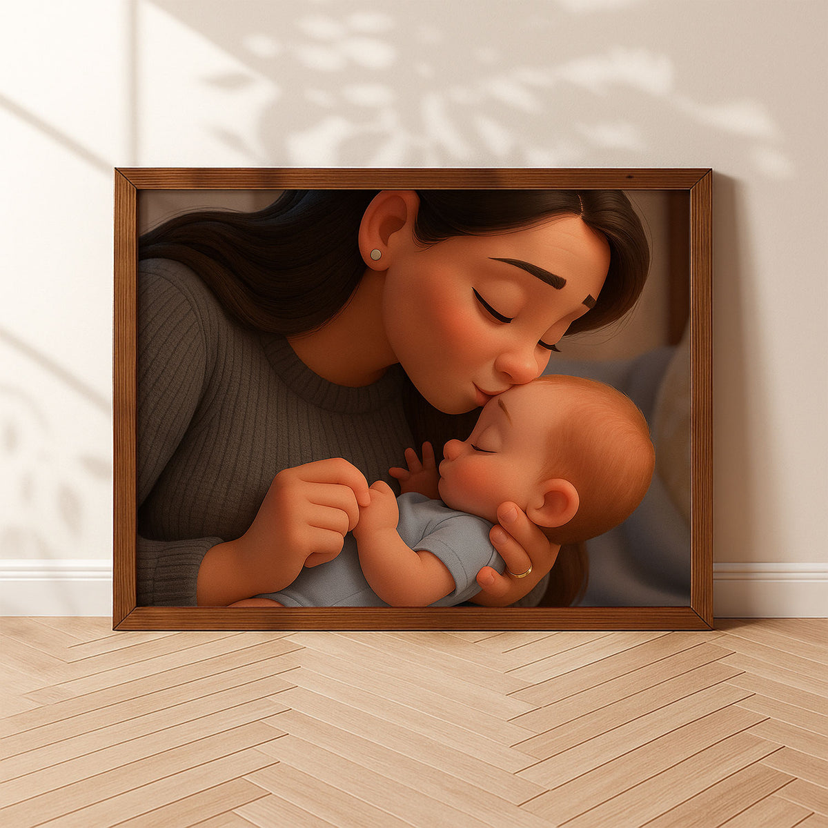 Warm Embrace: Stunning Cartoon-Style Art of Mother Kissing Baby - Perfect Gift for New Moms and Nursery Décor
 - 4