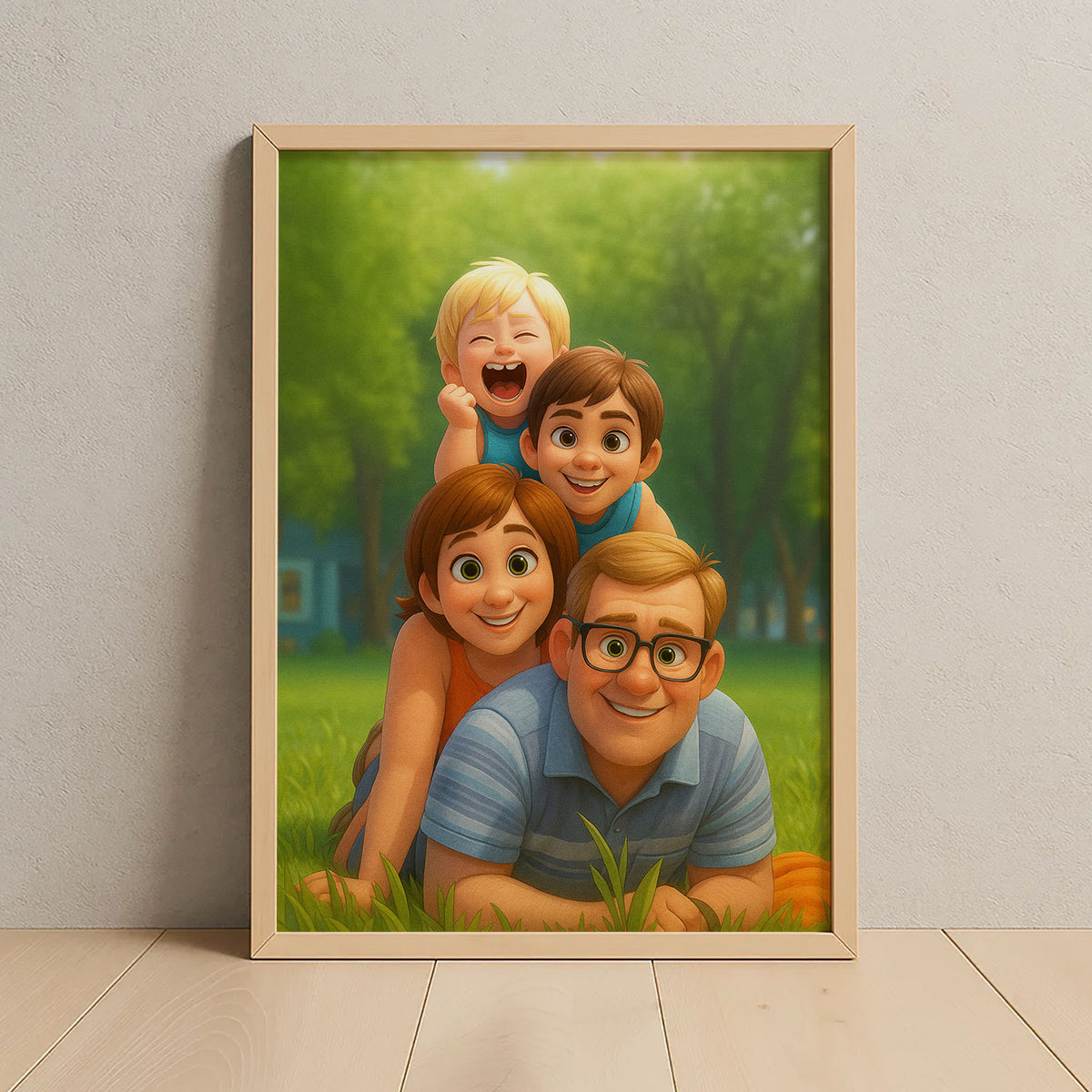 Heartwarming Family Portrait Art Print in Vibrant Cartoon Style - Perfect for Kids&#39; Rooms and Family Spaces
 - 4