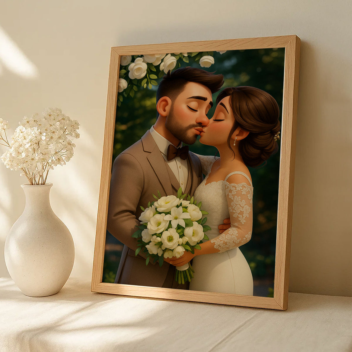 Charming Cartoon Wedding Portrait of a Loving Couple – Perfect for Home Decor and Gifts
 - 4