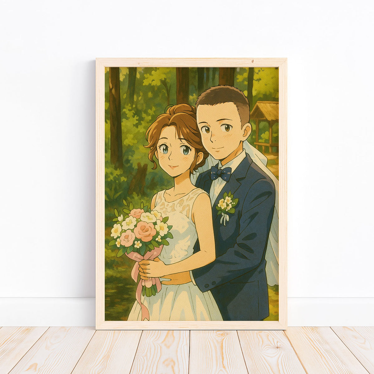 Charming Anime Wedding Portrait – Romantic Couple in Nature, Perfect for Home Decor
 - 4