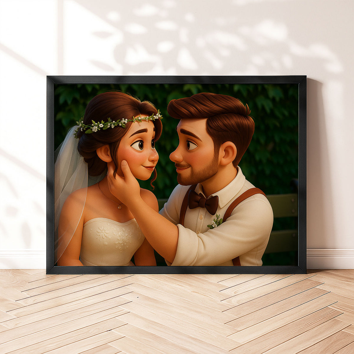 Whimsical Disney-Inspired Wedding Art Print of Loving Couple in Romantic Setting
 - 4