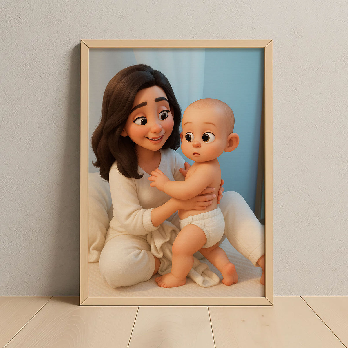 Adorable Cartoon Art Print of Loving Mother and Baby - Perfect Nursery Decor in Charming Style for Family Moments
 - 4