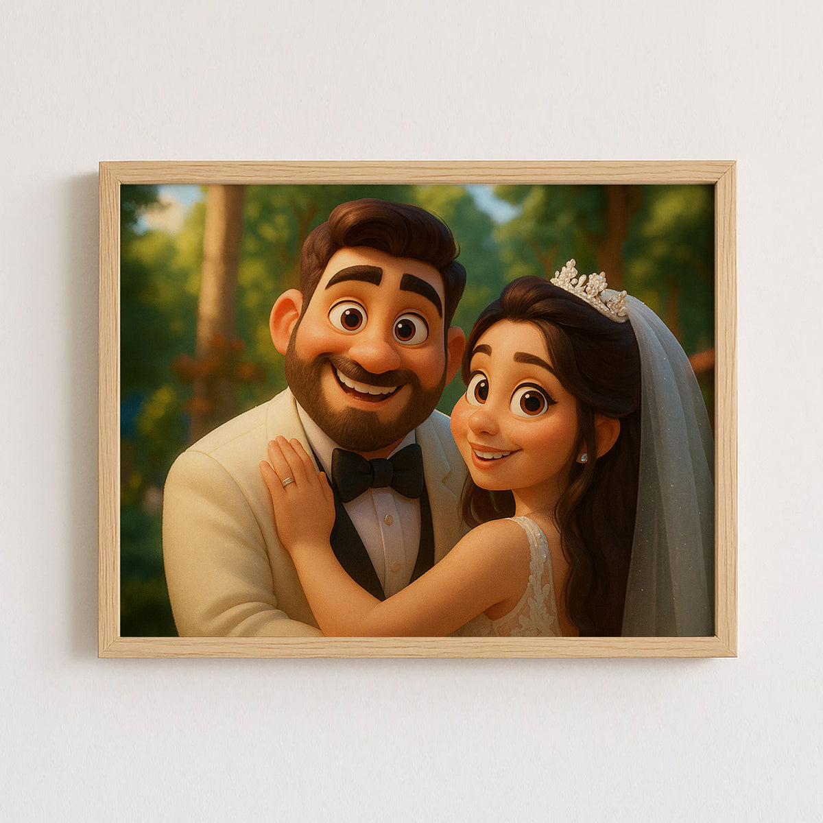Charming Cartoon Wedding Portrait of Happy Couple in Vibrant Animation Style - Ideal for Home Decor
 - 4