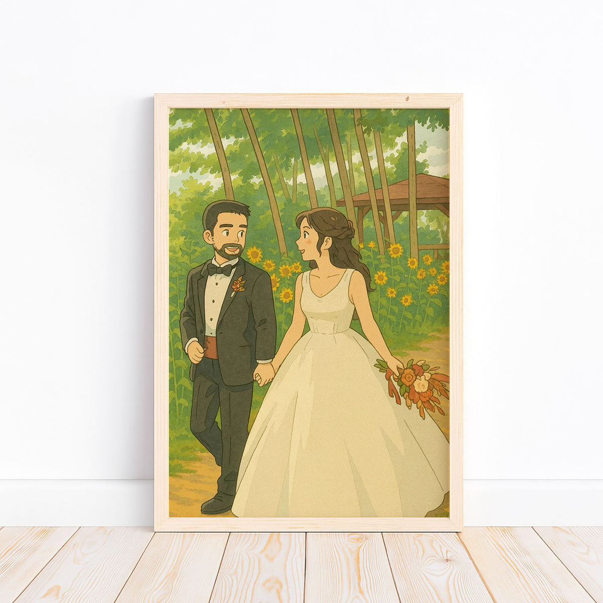 Charming Couple Illustration: Romantic Wedding Art in a Lush Garden Setting
 - 4