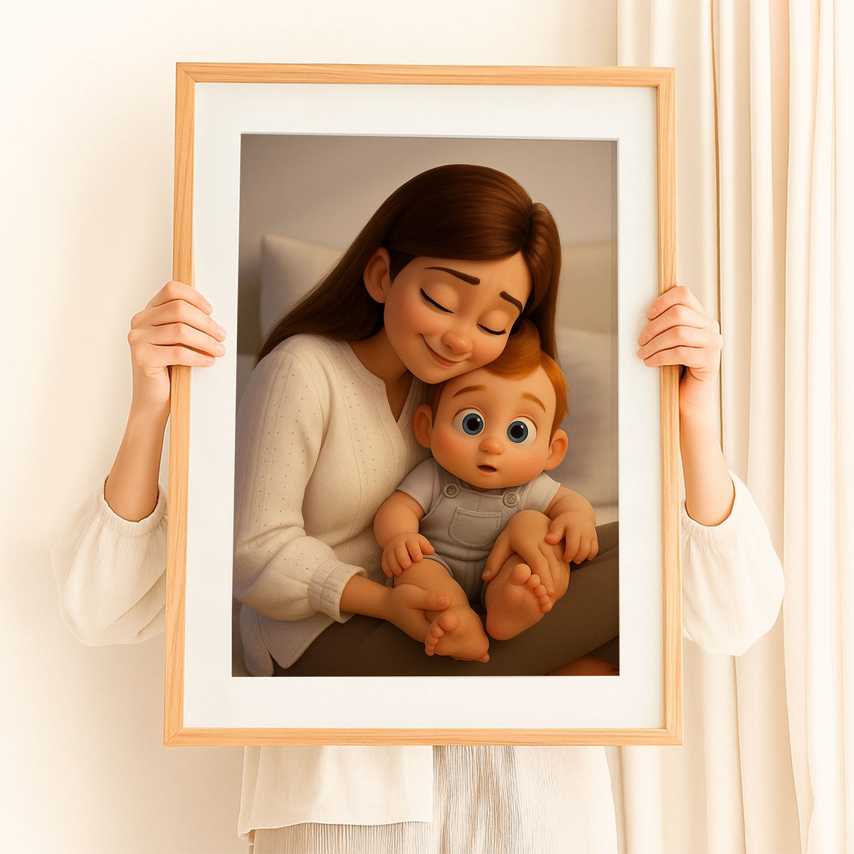 Heartwarming Cartoon Portrait of a Mother and Baby: Perfect Gift for New Parents and Nursery Decor
 - 4