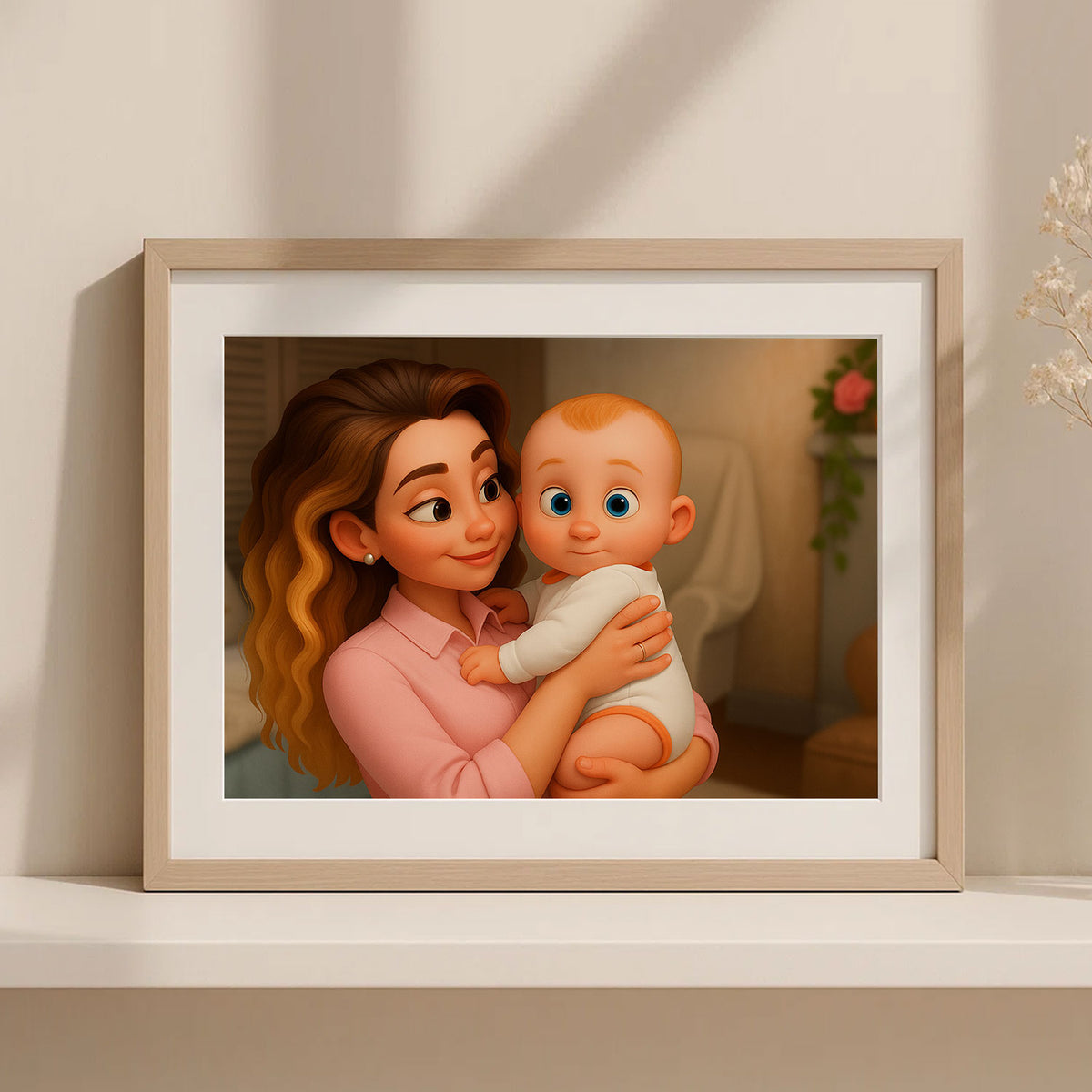 Heartwarming Illustrated Print of a Mother Kissing Her Baby – Charming Cartoon Style for Nursery Décor and Gift Ideas
 - 3