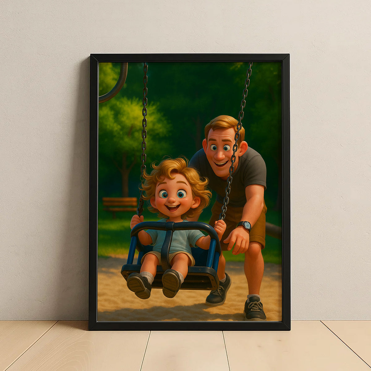 Heartwarming Father-Son Bond: Colorful Cartoon Art Print Celebrating Family Joy
 - 4