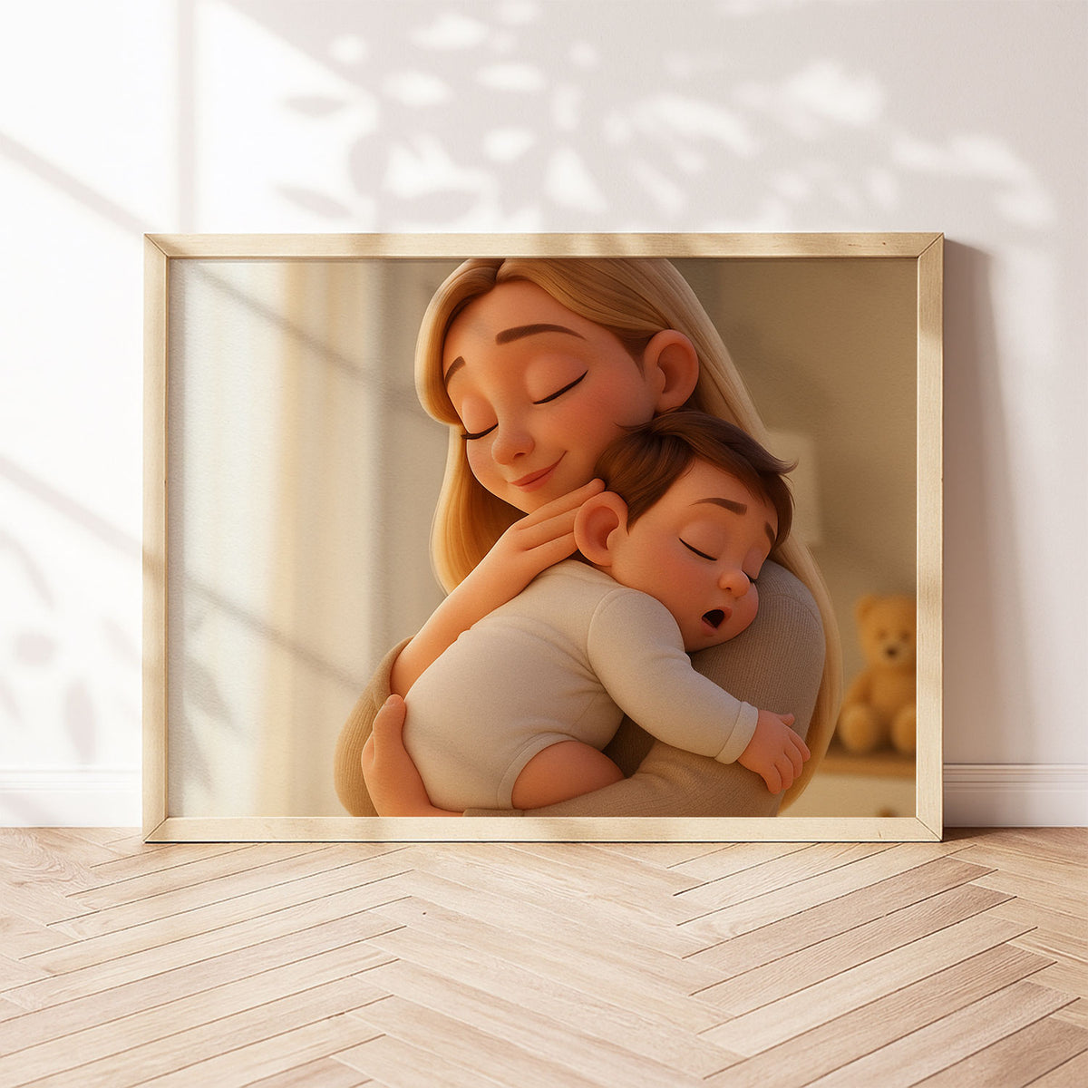 Heartwarming Digital Art of a Mother Embracing Her Sleeping Baby – Cute Cartoon Style Wall Decor for Nursery or Kids’ Room
 - 4