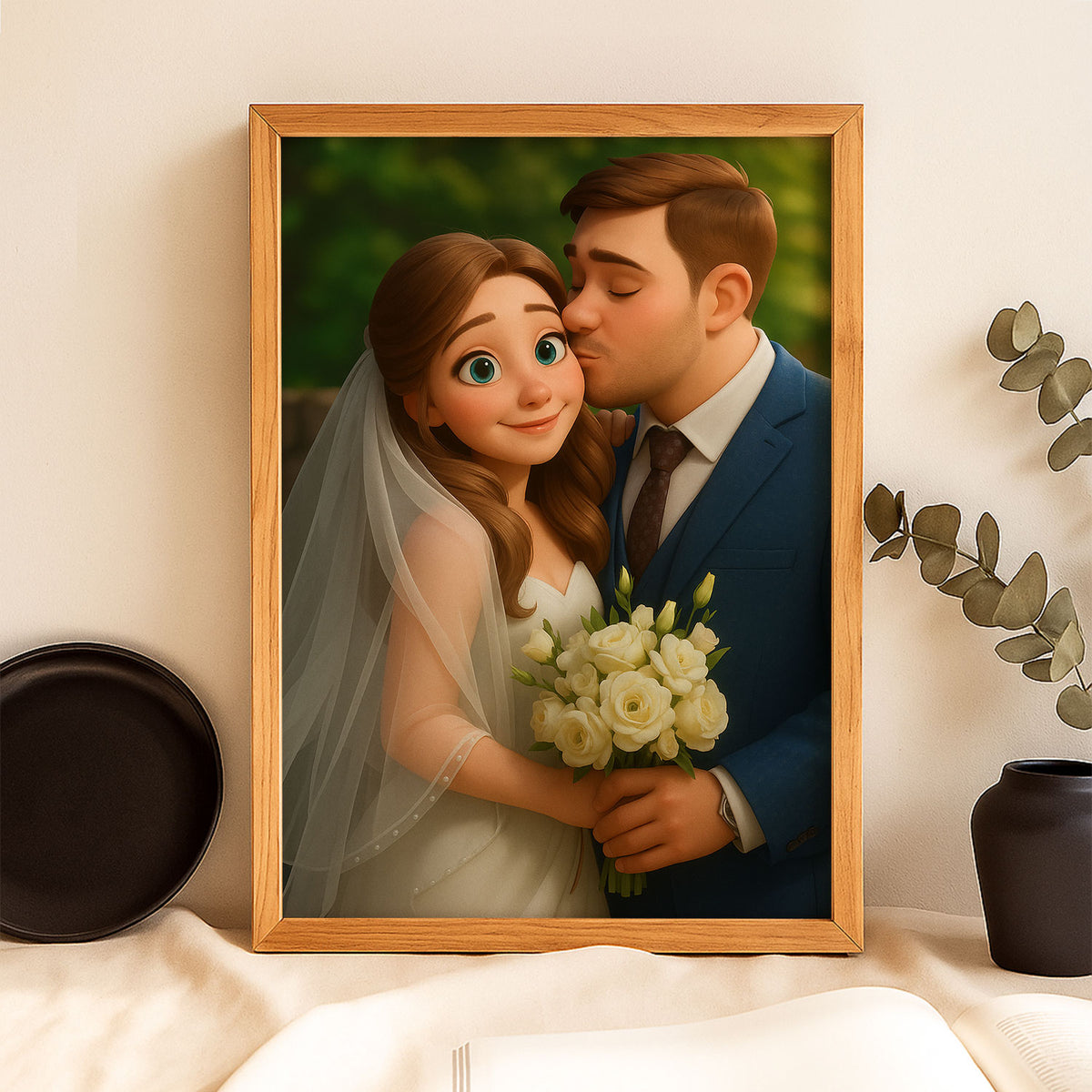 Charming Animated Wedding Portrait: Bride and Groom Embrace in Whimsical Art Style
 - 4