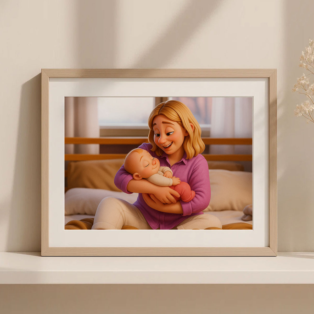 Warm and Joyful Mother-Baby Bond: Enchanting Cartoon Art Print for Nursery Decor
 - 4