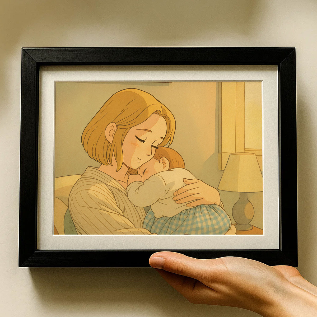 Heartwarming Illustration of a Mother Embracing Her Baby - Cozy Home Decor Art Print in Smooth Cartoon Style
 - 4
