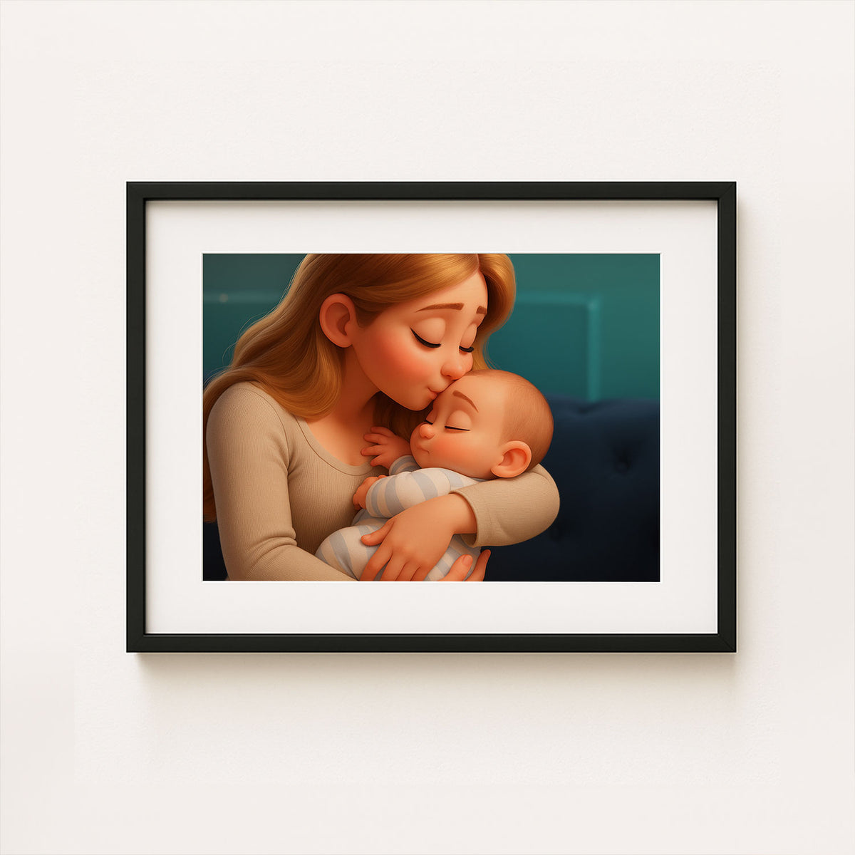 Heartwarming Cartoon Art Print of a Loving Mother Kissing Her Baby – Perfect Nursery Decor for a Cozy Home
 - 4