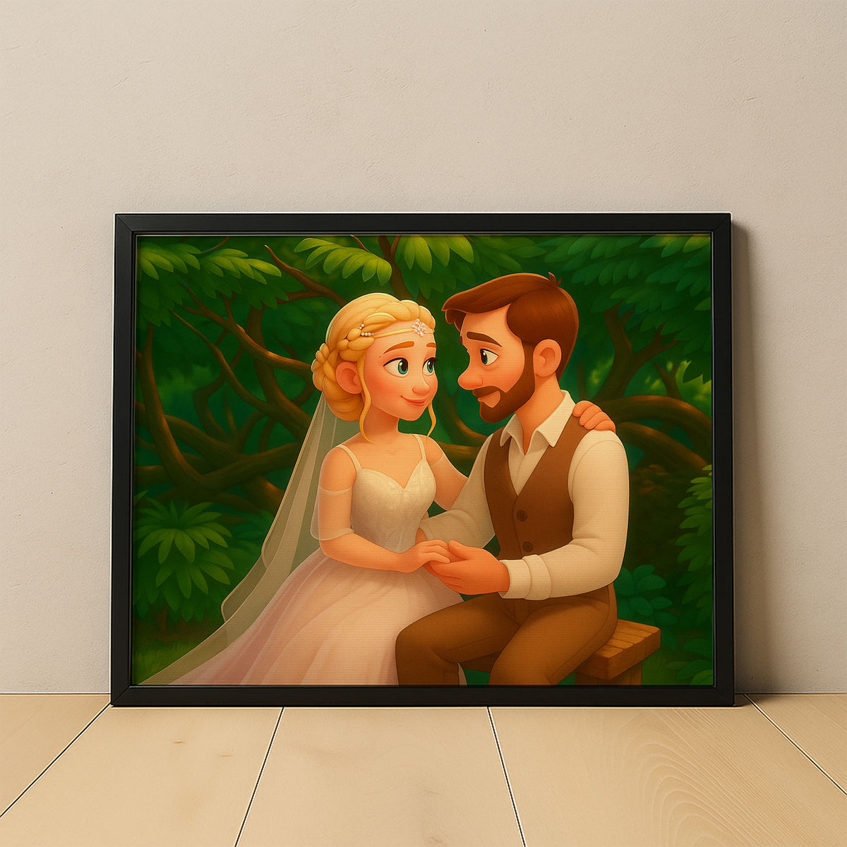 Charming Cartoon Wedding Portrait of a Bride and Groom in a Lush Forest Setting
 - 4
