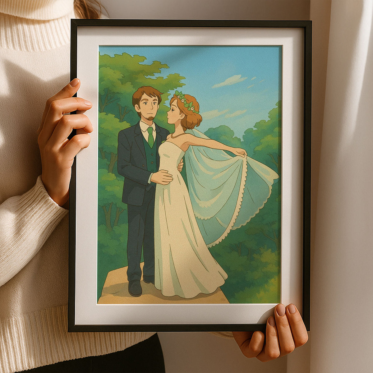 Charming Animated Wedding Artwork: Elegant Couple in Nature-Inspired Style - Perfect for Home Decor
 - 4