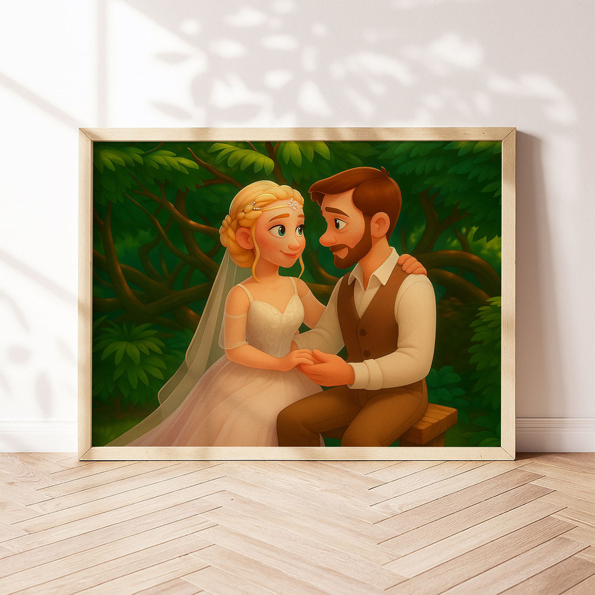 Charming Animated Wedding Portrait: Romantic Couple in Lush Greenery
 - 4