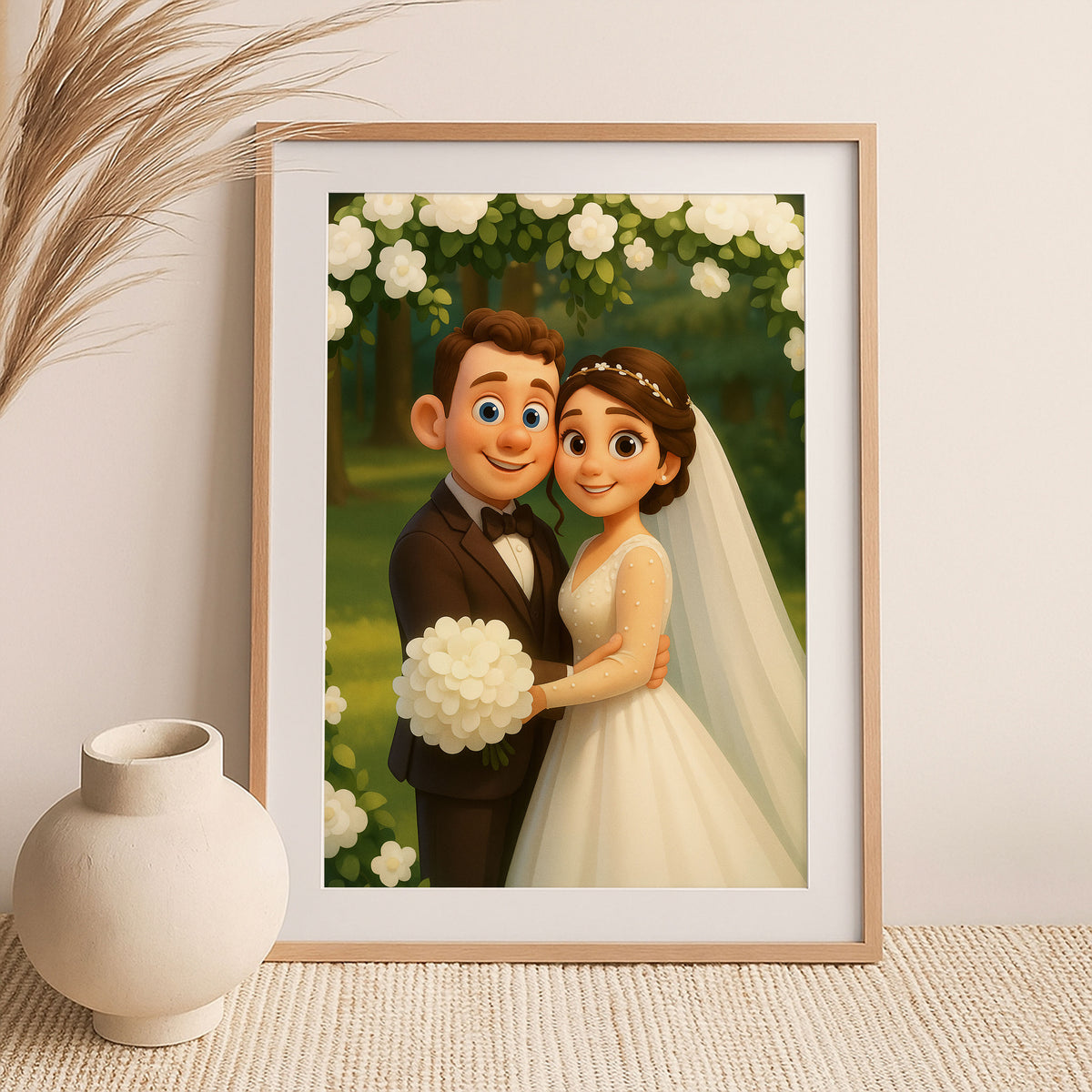 Charming Cartoon Wedding Art: Whimsical Illustration of Bride and Groom in Floral Setting
 - 4