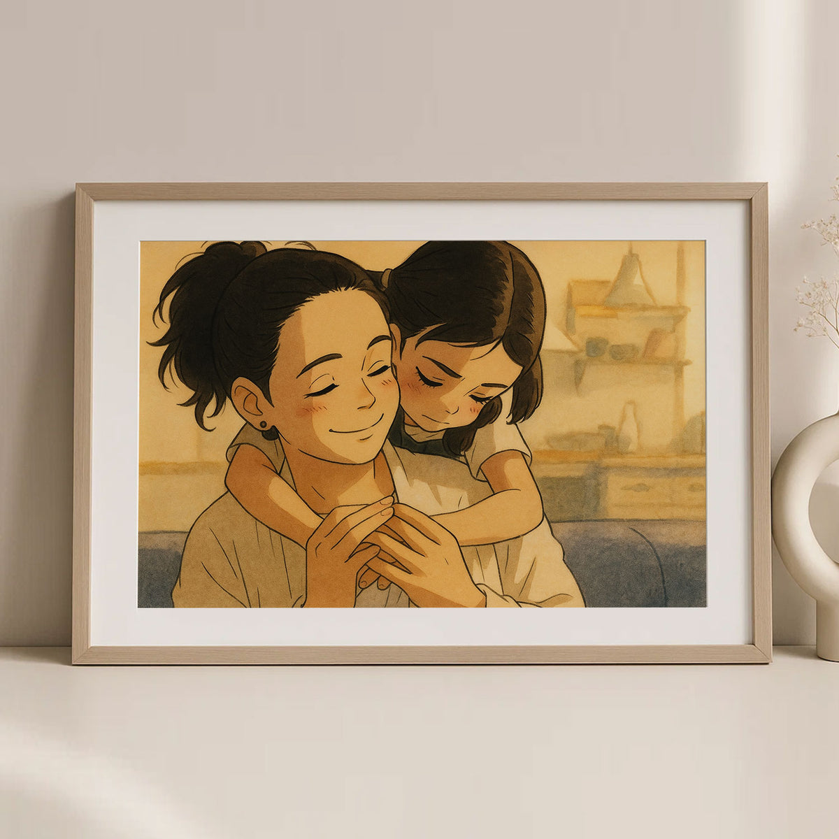 Joyful Bonding: Heartwarming Cartoon Art of a Fun Moment Between a Mother and Daughter
 - 4
